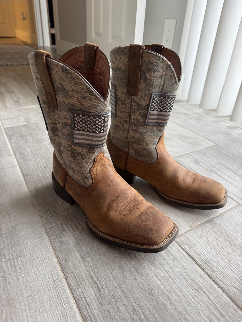 Ariat Brown Leather Boots with Camouflage Shaft and Flag Patch